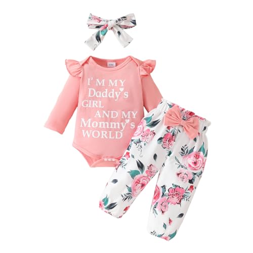 UUAISSO Neugeborenes Baby Mädchen Kleidung Papas Mädchen Langarm Strampler Tops Blumenhosen Sets Stirnband Säuglingsmädchen Herbst Outfits Buchstabe rosa 12-18 Monate von UUAISSO
