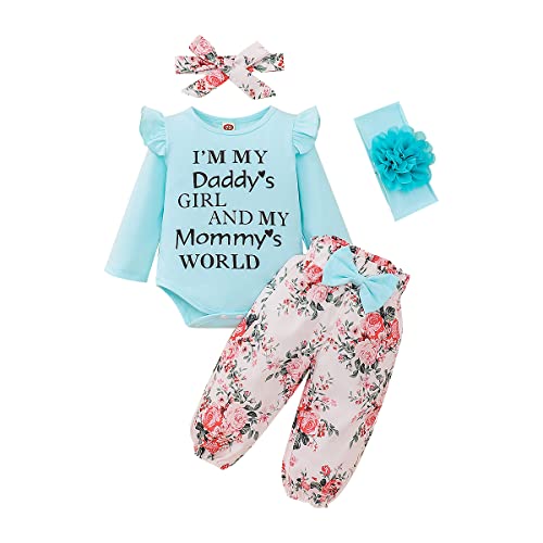 UUAISSO Neugeborenes Baby Mädchen Kleidung Papas Mädchen Langarm Strampler Tops Blumenhosen Sets Stirnband Säuglingsmädchen Herbst Outfits Grün1 12-18 Monate von UUAISSO