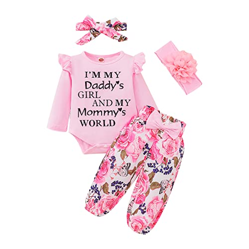 UUAISSO Neugeborenes Baby Mädchen Kleidung Papas Mädchen Langarm Strampler Tops Blumenhosen Sets Stirnband Säuglingsmädchen Herbst Outfits Rosa 12-18 Monate von UUAISSO