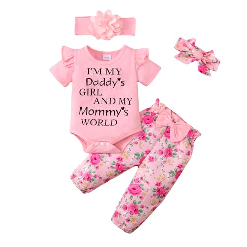 UUAISSO Neugeborenes Baby Mädchen Kleidung Papas Mädchen Langarm Strampler Tops Blumenhosen Sets Stirnband Säuglingsmädchen Herbst Outfits Rosa Blumen 3-6 Monate von UUAISSO