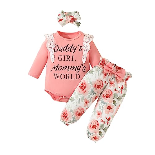 UUAISSO Neugeborenes Baby Mädchen Kleidung Papas Mädchen Langarm Strampler Tops Blumenhosen Sets Stirnband Säuglingsmädchen Herbst Outfits Rosa1 12-18 Monate von UUAISSO