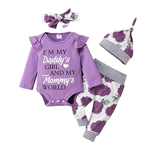 UUAISSO Neugeborenes Baby Mädchen Kleidung Papas Mädchen Langarm Strampler Tops Blumenhosen Sets Stirnband Säuglingsmädchen Herbst Outfits Violett 0-3 Monate von UUAISSO