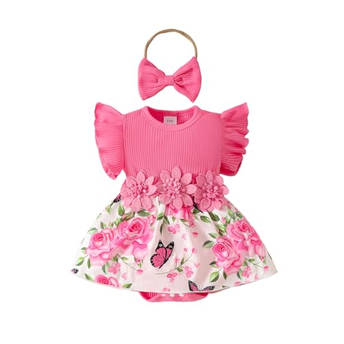 UUAISSO Neugeborenes Baby Mädchen Kleidung Sets Rüschen Kurzarm Tops Blumen Hosenträger Shorts mit Stirnband Sommer Outfits Dunkelrosa 6-12 Monate von UUAISSO