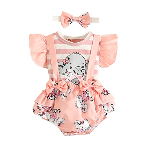 UUAISSO Neugeborenes Baby Mädchen Kleidung Sets Rüschen Kurzarm Tops Blumen Hosenträger Shorts mit Stirnband Sommer Outfits Elefant-1 0-3 Monate von UUAISSO