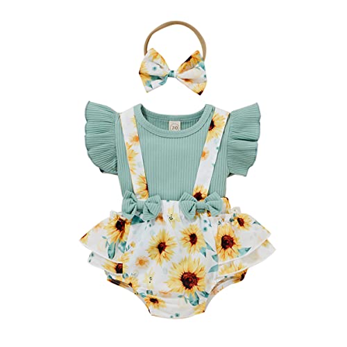 UUAISSO Neugeborenes Baby Mädchen Kleidung Sets Rüschen Kurzarm Tops Blumen Hosenträger Shorts mit Stirnband Sommer Outfits Grün 0-3 Monate von UUAISSO