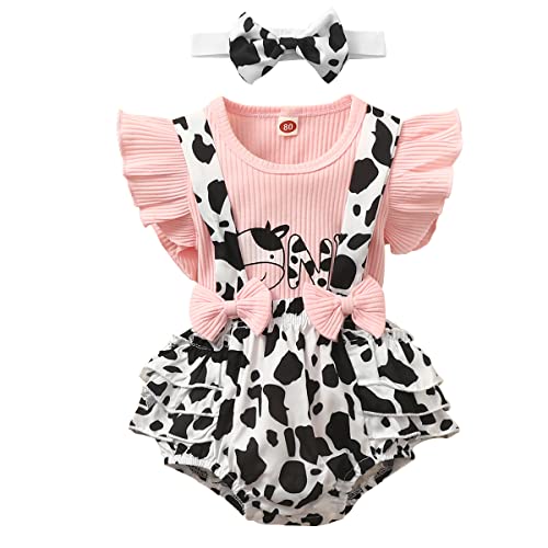 UUAISSO Neugeborenes Baby Mädchen Kleidung Sets Rüschen Kurzarm Tops Blumen Hosenträger Shorts mit Stirnband Sommer Outfits Kühe 0-3 Monate von UUAISSO