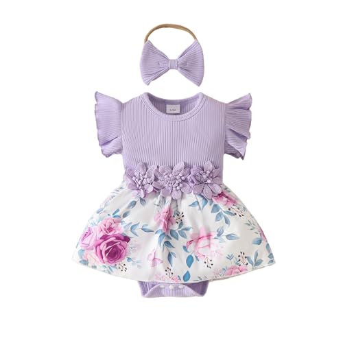 UUAISSO Neugeborenes Baby Mädchen Kleidung Sets Rüschen Kurzarm Tops Blumen Hosenträger Shorts mit Stirnband Sommer Outfits Lila 12-18 Monate von UUAISSO