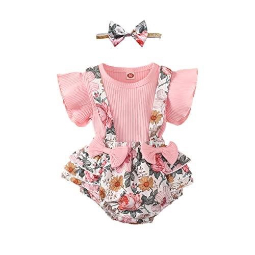 UUAISSO Neugeborenes Baby Mädchen Kleidung Sets Rüschen Kurzarm Tops Blumen Hosenträger Shorts mit Stirnband Sommer Outfits Rosa-1 3-6 Monate von UUAISSO