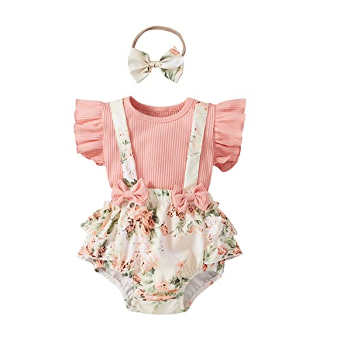 UUAISSO Neugeborenes Baby Mädchen Kleidung Sets Rüschen Kurzarm Tops Blumen Hosenträger Shorts mit Stirnband Sommer Outfits Rosa-2 3-6 Monate von UUAISSO