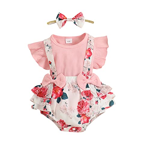 UUAISSO Neugeborenes Baby Mädchen Kleidung Sets Rüschen Kurzarm Tops Blumen Hosenträger Shorts mit Stirnband Sommer Outfits Rosa-3 12-18 Monate von UUAISSO