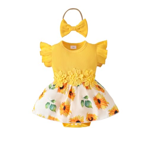 UUAISSO Neugeborenes Baby Mädchen Kleidung Sets Rüschen Kurzarm Tops Blumen Hosenträger Shorts mit Stirnband Sommer Outfits gelbe Sonnenblume 12-18 Monate von UUAISSO
