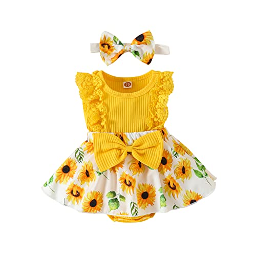 UUAISSO Neugeborenes Baby Mädchen Sommerkleidung Ärmellose Spitze Blumen Strampler Kleid Niedliche Babykleidung Gelb 6-12 Monate von UUAISSO