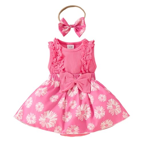 UUAISSO Neugeborenes Baby Mädchen Sommerkleidung Ärmellose Spitze Blumen Strampler Kleid Niedliche Babykleidung rosarot 0-3 Monate von UUAISSO