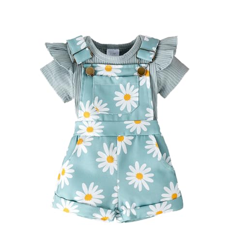 UUAISSO Neugeborenes Mädchen Kleidung Gänseblümchen-Aufdruck Gerüschtes Oberteil mit Hosenträgerhose und Tasche Shorts Sommerkleidung Grün 6-12 Monate von UUAISSO
