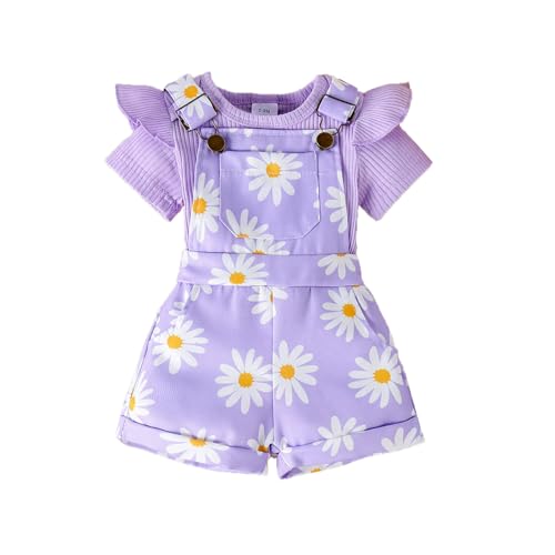 UUAISSO Neugeborenes Mädchen Kleidung Gänseblümchen-Aufdruck Gerüschtes Oberteil mit Hosenträgerhose und Tasche Shorts Sommerkleidung Lila 0-3 Monate von UUAISSO
