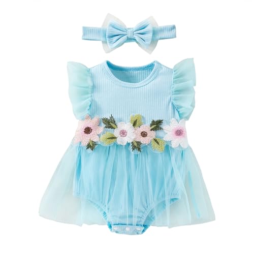 UUAISSO Neugeborenes Mädchen Outfits Rüschen Ärmellos Blume Strampler Sommerkleid mit Stirnband Kleidung Sets Blau 9-12 Monate von UUAISSO