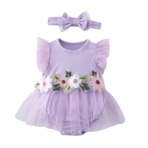 UUAISSO Neugeborenes Mädchen Outfits Rüschen Ärmellos Blume Strampler Sommerkleid mit Stirnband Kleidung Sets Lila 9-12 Monate von UUAISSO