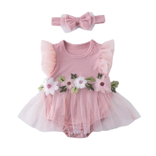 UUAISSO Neugeborenes Mädchen Outfits Rüschen Ärmellos Blume Strampler Sommerkleid mit Stirnband Kleidung Sets Rosa 3-6 Monate von UUAISSO