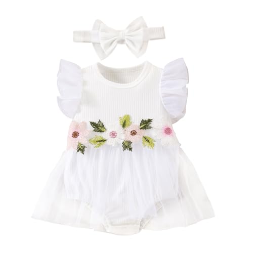 UUAISSO Neugeborenes Mädchen Outfits Rüschen Ärmellos Blume Strampler Sommerkleid mit Stirnband Kleidung Sets Weiß 3-6 Monate von UUAISSO