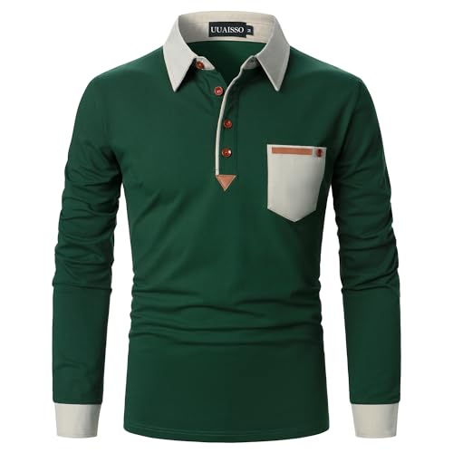 UUAISSO Poloshirt Herren Langarm Polo Shirts Baumwolle Farbe Nähen Tasche T-Shirt Slim Fit Golf Grün XL von UUAISSO