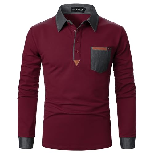 UUAISSO Poloshirt Herren Langarm Polo Shirts Baumwolle Farbe Nähen Tasche T-Shirt Slim Fit Golf Rotwein M von UUAISSO