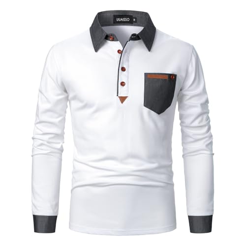 UUAISSO Poloshirt Herren Langarm Polo Shirts Baumwolle Farbe Nähen Tasche T-Shirt Slim Fit Golf Weiß L von UUAISSO