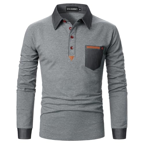 UUAISSO Poloshirt Herren Langarm Polo Shirts Baumwolle Farbe Nähen Tasche T-Shirt Slim Fit Golf grau S von UUAISSO