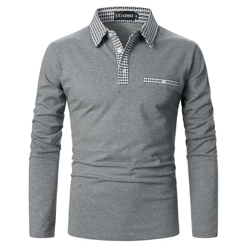 UUAISSO Poloshirts für Herren Langarm Kariertes Polohemd mit Kragen Lässiges Basic Golf T-Shirt W-Grau M von UUAISSO