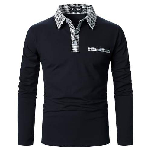 UUAISSO Poloshirts für Herren Langarm Kariertes Polohemd mit Kragen Lässiges Basic Golf T-Shirt W-Navy blau S von UUAISSO