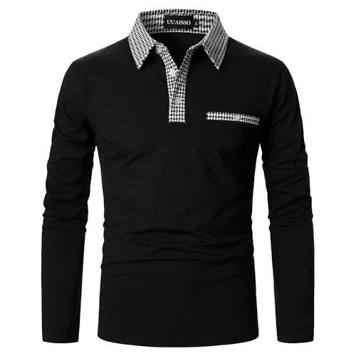UUAISSO Poloshirts für Herren Langarm Kariertes Polohemd mit Kragen Lässiges Basic Golf T-Shirt W-Schwarz L von UUAISSO