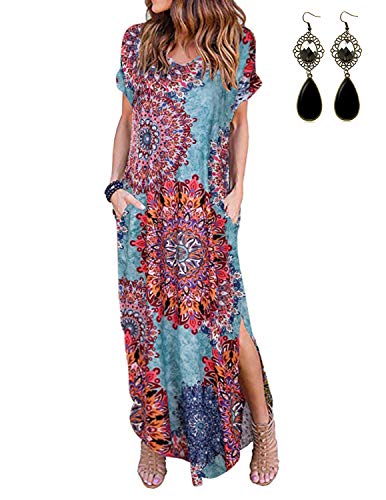 UUAISSO Sommerkleid Damen Lang Boho Maxikleider Abendkleider Sommer Strandkleider Langes Blumen, L, A-pfauenblau von UUAISSO