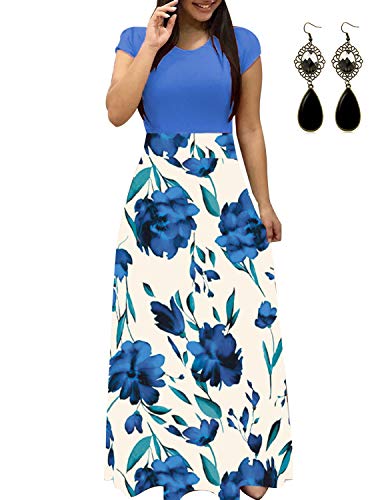 UUAISSO Sommerkleid Damen Lang mit Blüte Drucken Lang High Waist Elastische Strandkleider Maxikleider D-Blau-Kurzarm 2XL von UUAISSO