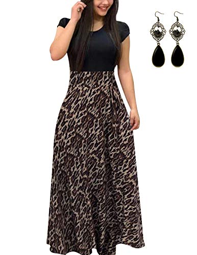 UUAISSO Sommerkleid Damen Lang mit Blüte Drucken Lang High Waist Elastische Strandkleider Maxikleider D-Leopard-Kurzarm 2XL von UUAISSO