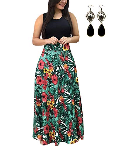 UUAISSO Sommerkleid Damen Lang mit Blüte Drucken Lang High Waist Elastische Strandkleider Maxikleider O-grünes Blatt-Ohne Arm 4XL von UUAISSO