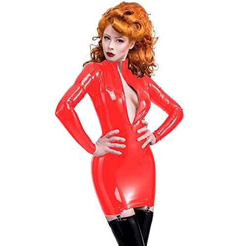 UUKR Frauen Neuheit PVC Kleid mit Strumpfgürtel Langarm Mini Kleid Bodycon Front Zipper Nass Look Bleistiftkleider plus Größe Clubwear-rot_Xxxl. von UUKR