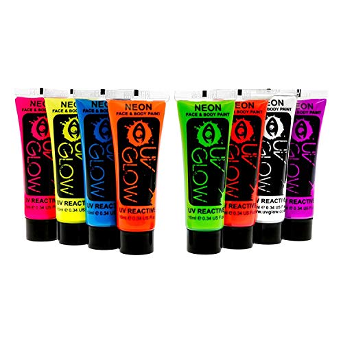 8 x 10ml UV-Bodypaint Körpermalfarben Schwarzlicht fluoreszierende Schminke Bodypainting Neon Farben Leuchtfarben von UV Glow
