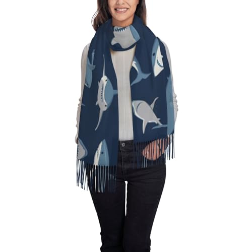 UVBDF Damen-Schal mit Cartoon-Hai-Motiv, superweich, klassisch, Kaschmir, mit Fransen, für Frühling, Herbst, Winter, Schwarz , Einheitsgröße von UVBDF