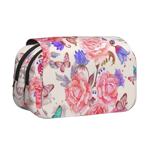 UVBDF Federmäppchen mit Blumen- und Rosen- und Schmetterlings-Druck, doppellagig, Klappetui, Organizer, Schreibwaren-Tasche für Kinder, Geschenk, Schwarz , Einheitsgröße, Taschen-Organizer von UVBDF