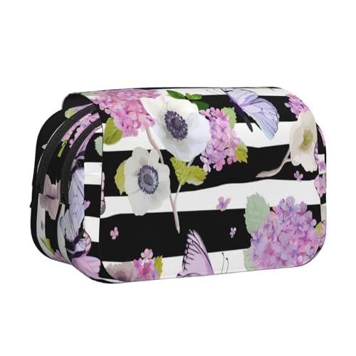 UVBDF Federmäppchen mit gestreiftem Blumen- und Schmetterlings-Druck, doppellagig, Klappetui, Organizer, Schreibwaren-Tasche für Kinder, Geschenk, Schwarz , Einheitsgröße, Taschen-Organizer von UVBDF