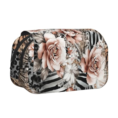 UVBDF Federmäppchen mit rosa Blumen-Leoparden-Druck, doppellagig, Klappetui, Organizer, Schreibwaren-Tasche für Kinder, Geschenk, Schwarz , Einheitsgröße, Taschen-Organizer von UVBDF