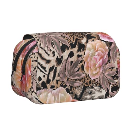 UVBDF Federmäppchen mit rosa Blumen-Leoparden-Druck, doppellagig, Klappetui, Organizer, Schreibwaren-Tasche für Kinder, Geschenk, Schwarz , Einheitsgröße, Taschen-Organizer von UVBDF