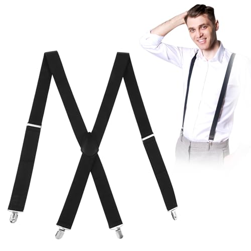 UWOBEFO Hosenträger Herren 3.5cm Breit X-förmig Verstellbar Schwarz Metall Clip Closure für Männer Erwachsene von UWOBEFO