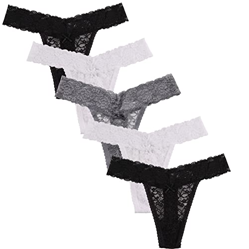 Damen Sexy Spitze Tangas V Cheeky Unterwäsche Durchsichtige Höschen 5er Pack, 2 x Schwarz, 2 x Weiß, 1 x Grau, Large von UWOCEKA