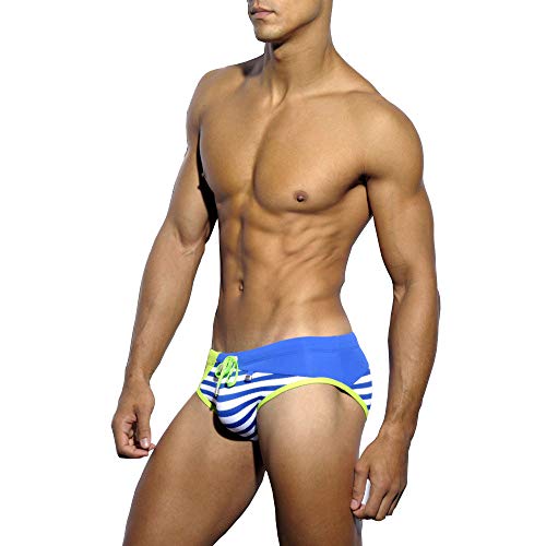 Marke Sexy Männer Bademode Gepolsterte Herren Schwimmen Slips Vorne Abnehmbare Pad Push Up Cup Homosexuell Bikini Unterteil, Blau, M von UXH