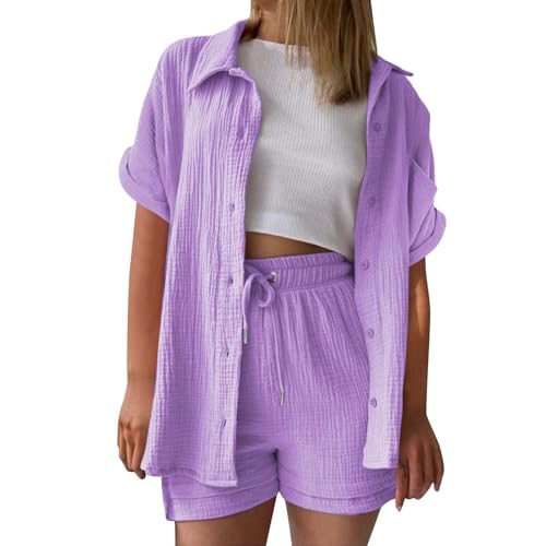 2 teiler Damen Sommer, musselin Bluse Damen leinen Shirt Zweiteiler Outfits Set 2 teiler Kleidung Oversized Loungewear für Clothes Pyjama elegant Summer Two Piece Kleid Suits von UXSELKCD