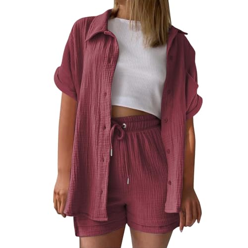 2 teiler Damen Sommer, musselin Bluse Damen leinen Shirt Zweiteiler Outfits Set 2 teiler Kleidung Oversized Loungewear für Clothes Pyjama elegant Summer Two Piece Kleid Suits von UXSELKCD