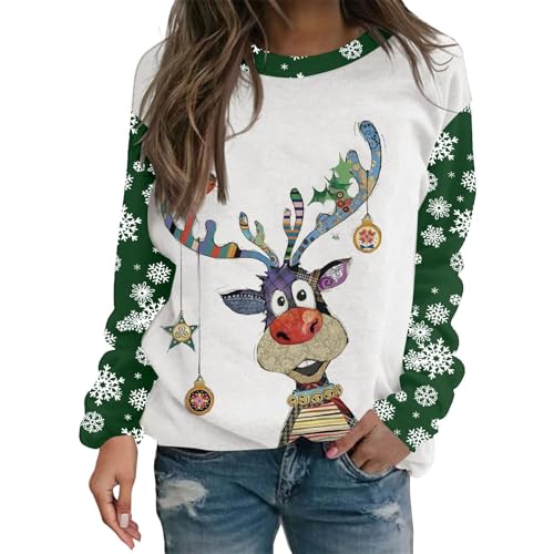Christmas Pullover Damen Weihnachtspullover Damen Lustige Weihnachten Ugly Sweatshirt Baumwolle Pulli Basic Rundhals Hirschkopf Muster Weihnachtskostüm von UXSELKCD