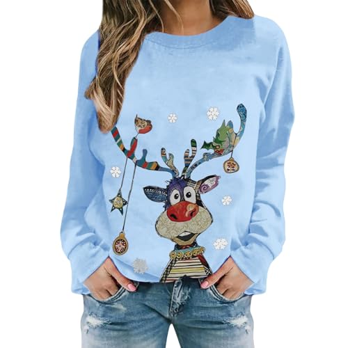 Christmas Pullover Damen Weihnachtspullover Damen Lustige Weihnachten Ugly Sweatshirt Baumwolle Pulli Basic Rundhals Hirschkopf Muster Weihnachtskostüm von UXSELKCD