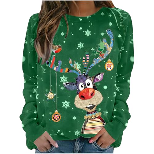 Damen Pullover Weihnachtspullover Damen Lustige Weihnachten Ugly Sweatshirt Baumwolle Pulli Basic Rundhals Hirschkopf Muster Weihnachtskostüm von UXSELKCD
