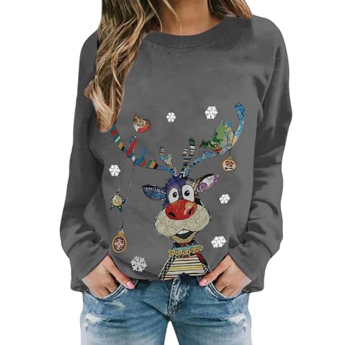 Hässliche Weihnachtspullover Weihnachtspullover Damen Lustige Weihnachten Ugly Sweatshirt Baumwolle Pulli Basic Rundhals Hirschkopf Muster Weihnachtskostüm von UXSELKCD